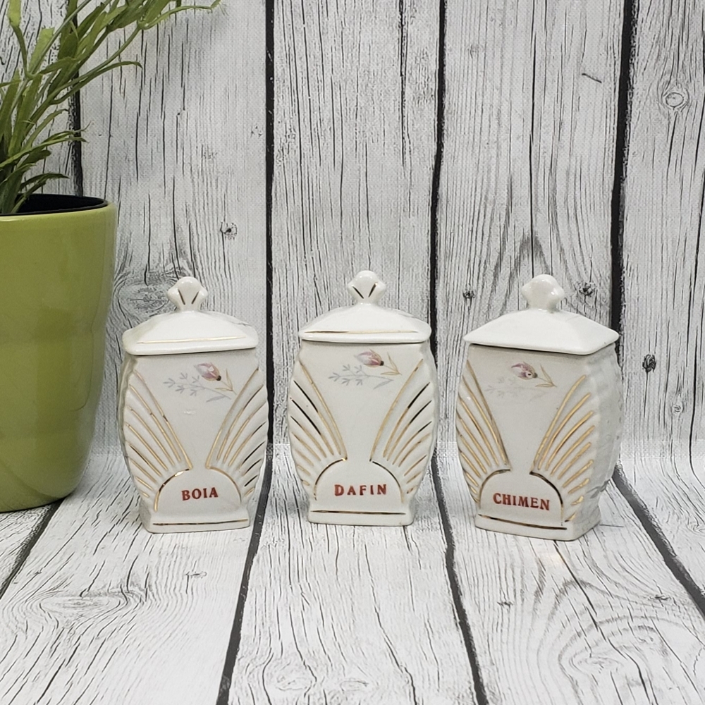 Set of 3 Vintage Porcelain Spice Jars with Lids
